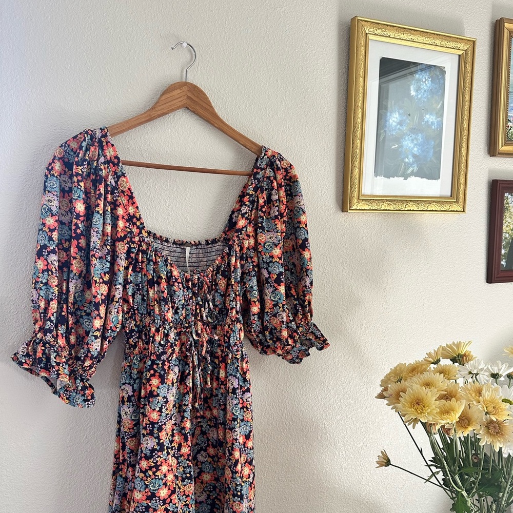 Free People Blue and Pink Smocked Puff Sleeve Romper